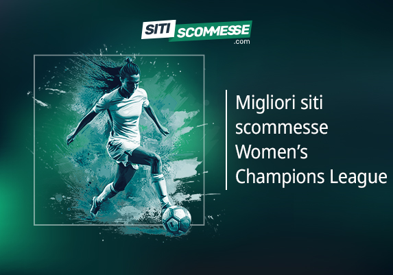 Il logo di sitiscommesse.com, la scritta Migliori siti scommesse Women's Champions League e una calciatrice