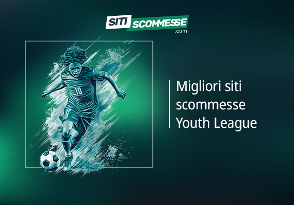 Il logo di sitiscommesse.com, la scritta Migliori siti scommesse Youth League e un calciatore in azione