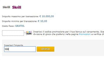 Il form per effettuare un deposito su conto scommesse con Skrill