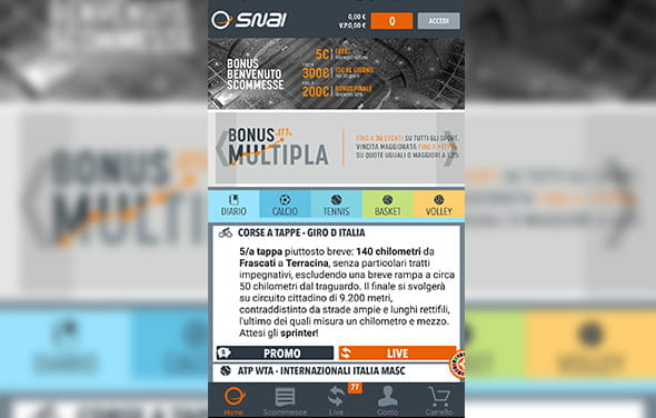 La home page della betting app Android di SNAI