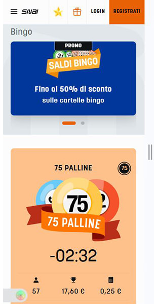 La lobby del bingo SNAI da mobile.
