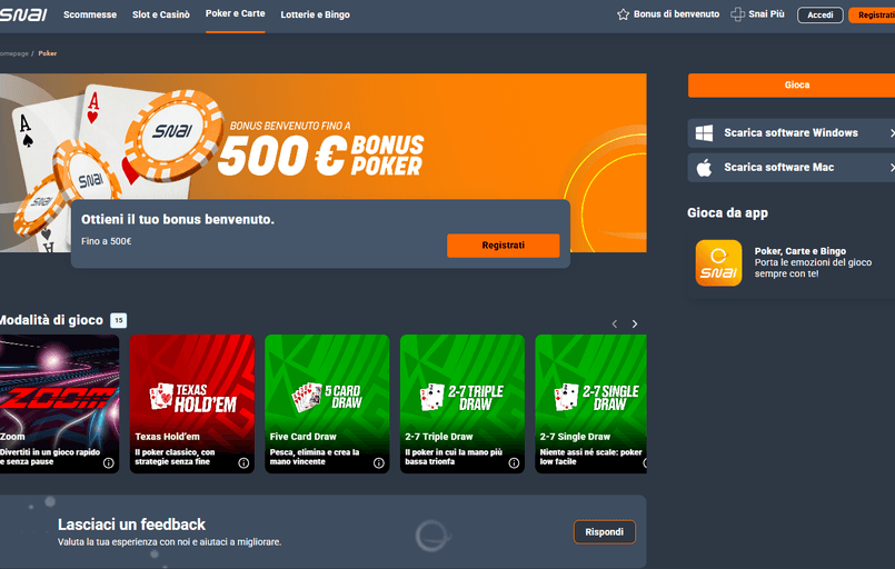 La pagina principale del poker di SNAI, dopo l'ingresso nel PokerStars Network