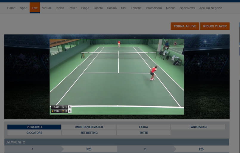 Un'istantanea di un match di tennis trasmesso in tempo reale su SNAI