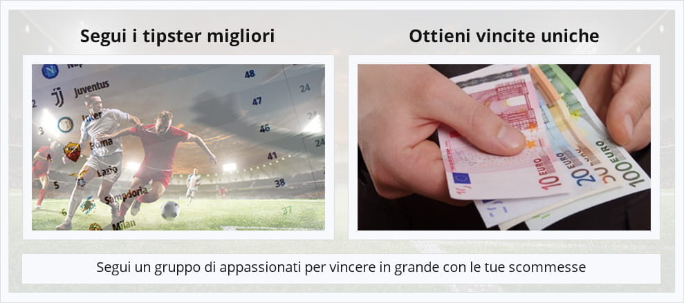 Sulla sinistra un'immagine di calciatori, sulla destra un'immagine che conta i soldi, che rappresentano i siti di tipster