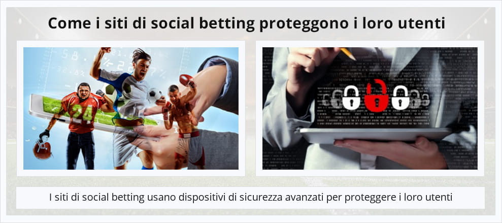 Sulla sinistra degli sportivi e un tablet, sulla destra un laptop con dei lucchetti, in un immagine che parla di social betting e sicurezza