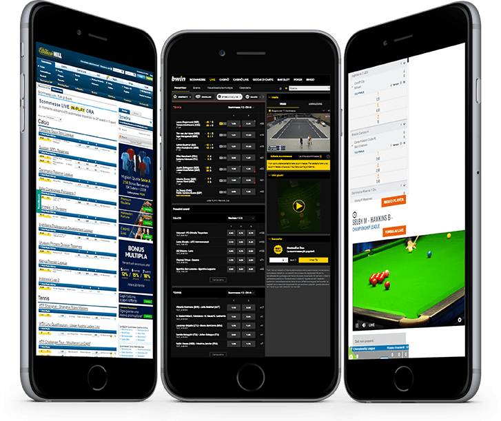 Tre smartphone con le schermate di altrettanti siti scommesse streaming