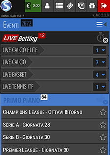La sezione live dell'app SportPesa