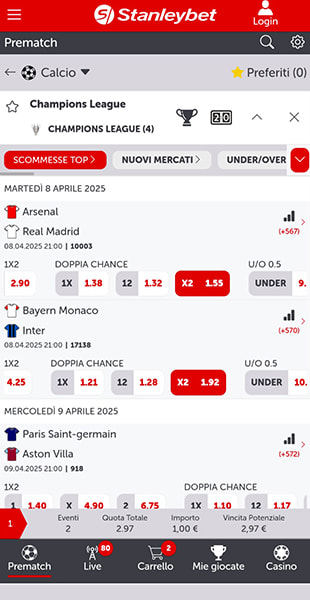 Elenco quote app Stanleybet