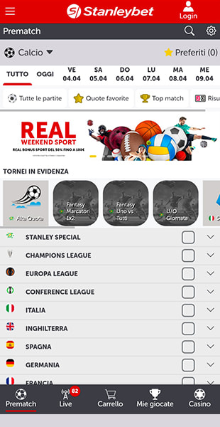 Sezione sport app Stanleybet
