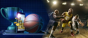 Giocatori di basket in azione, trofeo e palla da basket