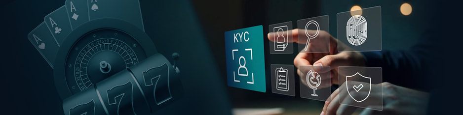 Simboli di carte da gioco, roulette e slot con icone sulla verifica dell'identità sui casinò online.