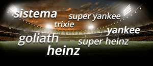Un campo da calcio e in sovraimpressione le scritte 'sistema', 'trixie', 'goliath', 'heinz', 'super heinz', 'yankee', 'super yankee'