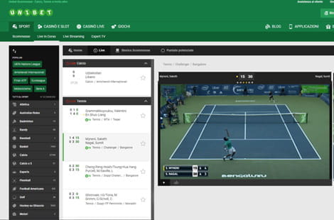 Una partita di tennis trasmessa in streaming da Unibet