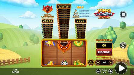 Rulli in azione nella slot Vinci la Gallina Deluxe con il dettaglio dei premi