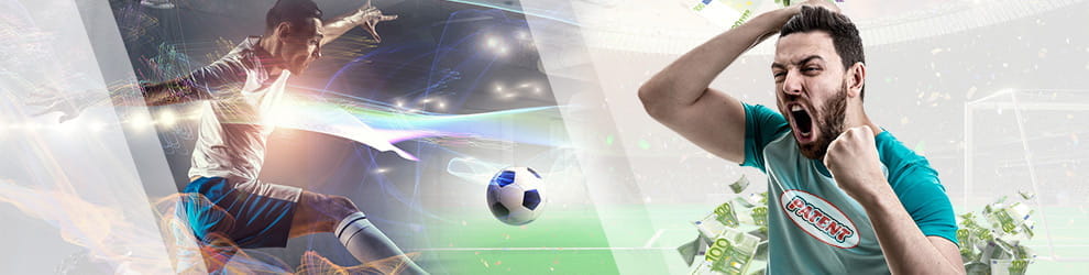 Un giocatore di calcio che calcia un pallone e un altro col logo Patent sulla maglia che esulta con delle banconote da 100€ sullo sfondo
