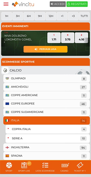 Selezione sport e torneo dall'app VinciTu