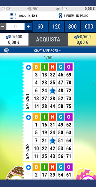La schermata da mobile della sala bingo Zaffiro75 su VinciTu.