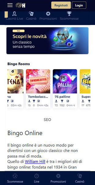 La web app di William Hill con la lobby del bingo.