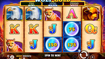 La schermata della slot Wolf Gold con i simboli della luna che permettono l'accesso ai premi jackpot