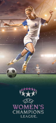 Una giocatrice di calcio in azione e il logo della Women’s Champions League