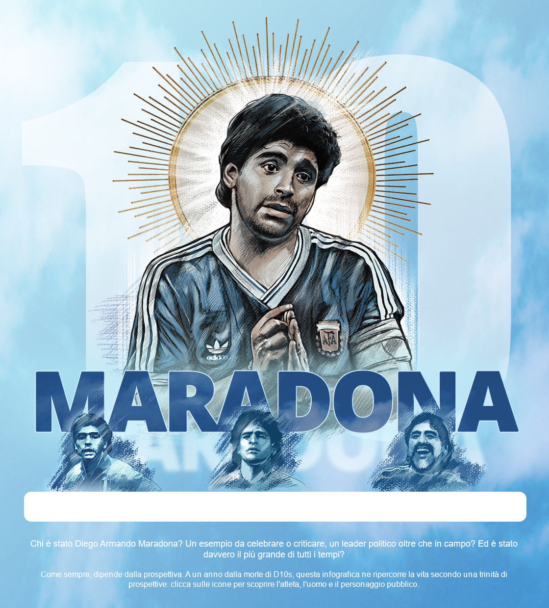 Infografica sulla vita di Diego Armando Maradona, ricostruita secondo la prospettiva dell'atleta, l'uomo e il personaggio pubblico.