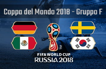 La composizione del gruppo F della Coppa del Mondo Russia 2018 con le bandiere di Germania, Messico, Svezia, Corea del Sud