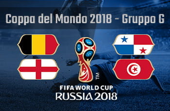 Il gruppo G della Coppa del Mondo Russia 2018 con le bandiere di Belgio, Inghilterra, Panama e Tunisia