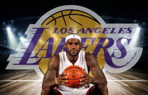 LeBron James e lo stemma dei Los Angeles Lakers sullo sfondo