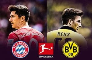 Robert Lewandowski e Marco Reus, con i simboli di Bayern Monaco, Borussia Dortmund e Bundesliga