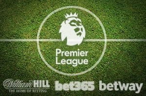 Il cerchio di centrocampo di un campo da calcio e i loghi della Premier League, di William Hill, bet365 e Betway