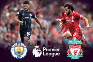 Sergio Aguero e Mohamed Salah con i loghi di Manchester City, Premier League e Liverpool