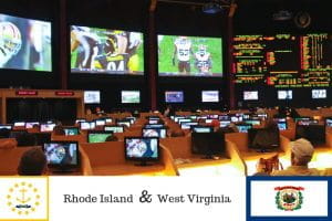 Sala scommesse con televisori e le bandiere di Rhode Island e West Virginia