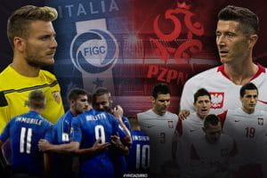 Ciro Immobile, Robert Lewandowski, i loghi dell'Italia e della Polonia,