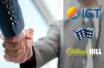 La stretta di mano tra due persone, due dadi da gioco e i loghi di IGT e William Hill