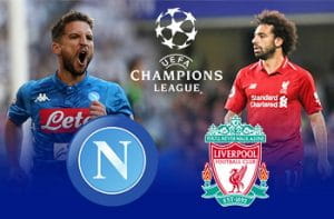 Dries Mertens e Mohamed Salah, con il logo della Champions League e gli stemmi di Napoli e Liverpool