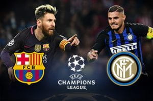 Leo Messi del Barcellona, Mauro Icardi dell'Inter, gli stemmi delle due squadre e il logo della Uefa Champions League