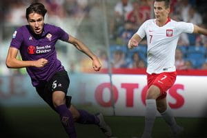 I giocatori Federico Chiesa e Arkadiusz Milik, rispettivamente con la maglia della Fiorentina e della Polonia