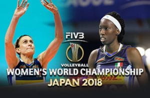 Paola Egonu e Lucia Bosetti, giocatrici di volley della nazionale italiana femminile, e il logo del mondiale di volley femminile 2018