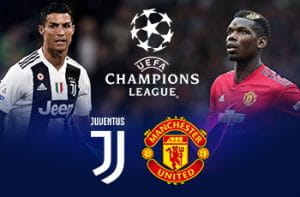 Cristiano Ronaldo e Paul Pogba, con i loghi della Juventus, del Manchester United e della Uefa Champions League