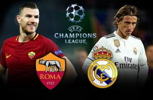 Edin Džeko e Luka Modrić, con i loghi della Roma, del Real Madrid e della Champions League