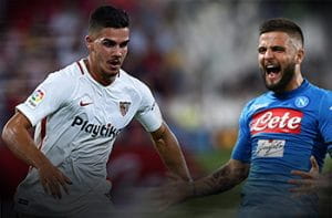 I calciatori André Silva e Lorenzo Insigne, rispettivamente con la maglia del Siviglia e del Napoli