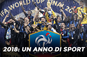 Calciatori della nazionale francese di calcio che esultano dopo la conquista della Coppa del Mondo 2018, con il simbolo della Federazione calcistica e la scritta "2018: un anno di sport"