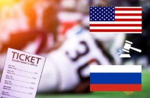 La ricevuta della schedina di una scommessa in lingua inglese, le bandiere di Usa e Russia e l'icona del martelletto del giudice di un tribunale. Sullo sfondo, giocatori di football americano in azione durante una partita