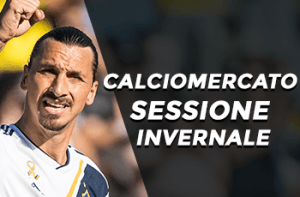 Zlatan Ibrahimovic con la maglia dei Los Angeles Galaxy e la scritta Calciomercato sessione invernale