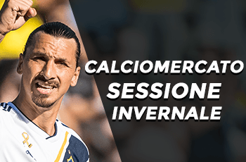 Zlatan Ibrahimovic con la maglia dei Los Angeles Galaxy e la scritta Calciomercato sessione invernale