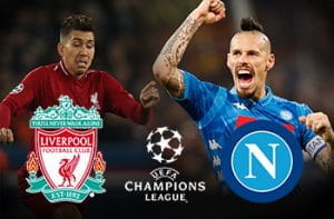 Firmino e Marek Hamsik, con i loghi di Liverpool e Napoli e quello della Champions League