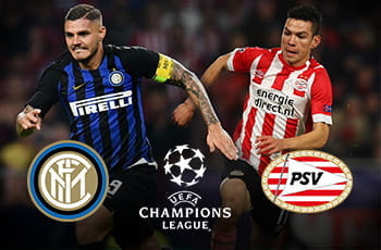 Mauro Icardi e Hirving Lozano, con i loghi di Inter, PSV Eindhoven e della Champions League