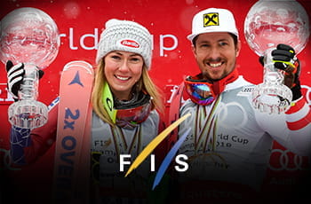 Mikaela Shiffrin e Marcel Hirscher sollevano la coppa di cristallo di campioni del mondo di sci alpino 2018, il logo FIS