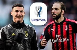 Gonzalo Higuain e Cristiano Ronaldo, in mezzo il logo della Supercoppa italiana