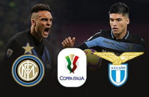 Lautaro Martinez e Joaquim Correa, con i loghi di Inter e Lazio e quello della Coppa Italia